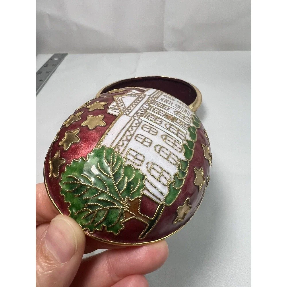 Enamel White House & American Star Flag Egg Shaped Trinket‎ Box Jewelry Dish